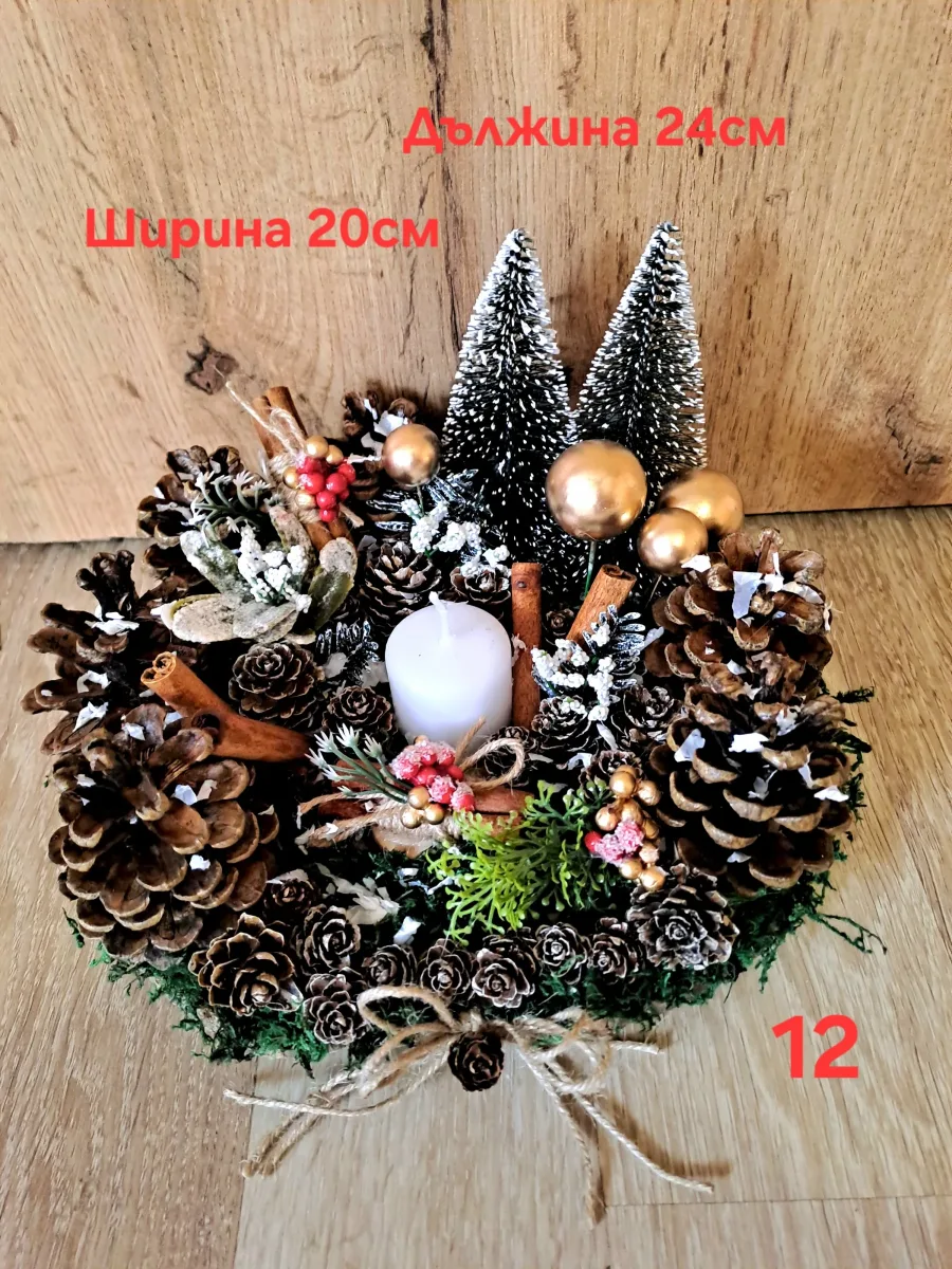 Ръчно изработен коледен свещник, върху дървесна шайба 